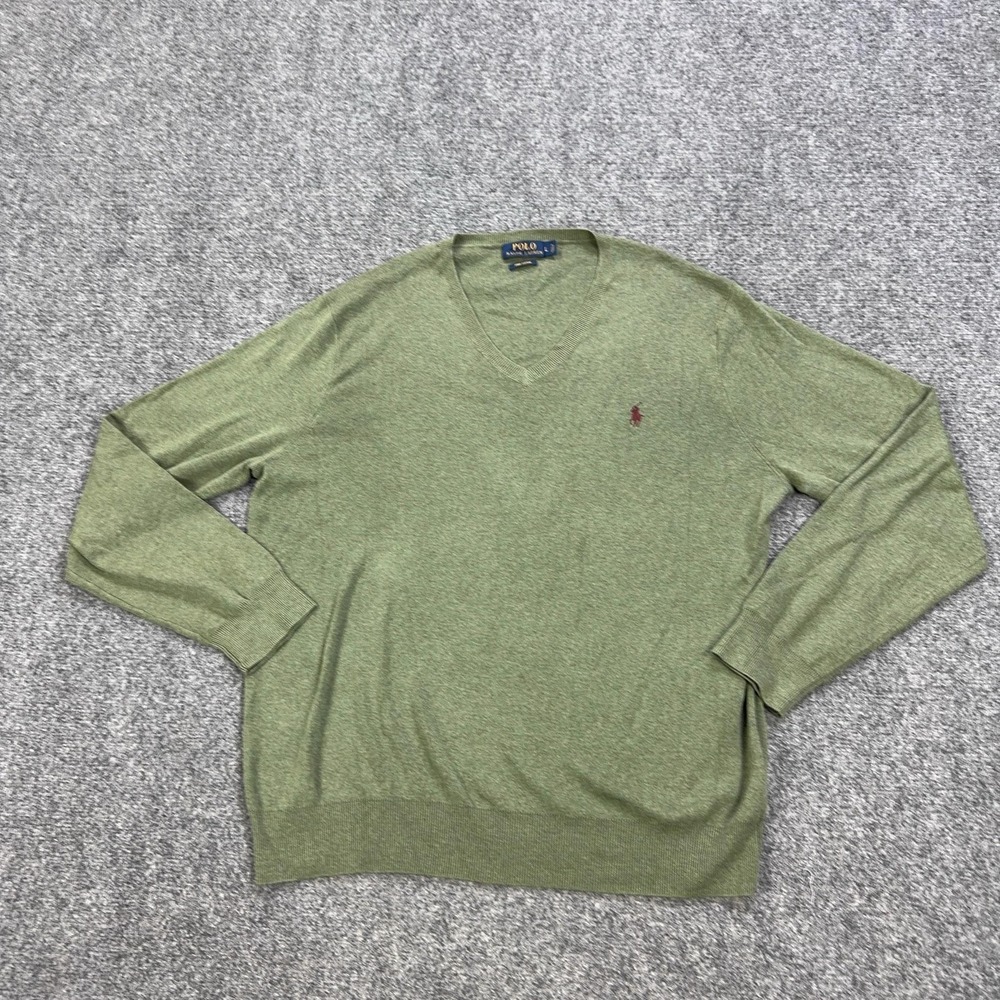 Polo Ralph Lauren Sweater Mens Large Green V Neck Pima Cotton Knit Pullover